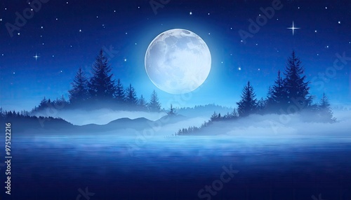 Full moon over a misty lake