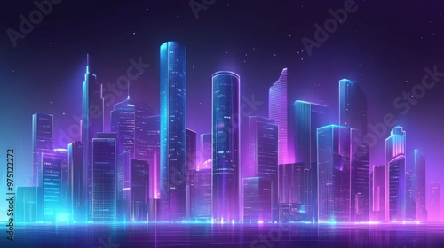 A vibrant, neon cityscape with glowing buildings, reflecting in the water, under a starry night sky.