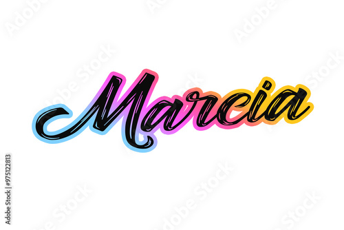 The name “Marcia” written in a stylized colorful retro font photo