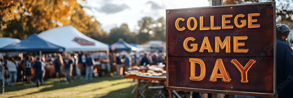 College football Saturday - sign that reads “COLLEGE GAME DAY” - tailgating - tailgate - food - spread - team - television - party