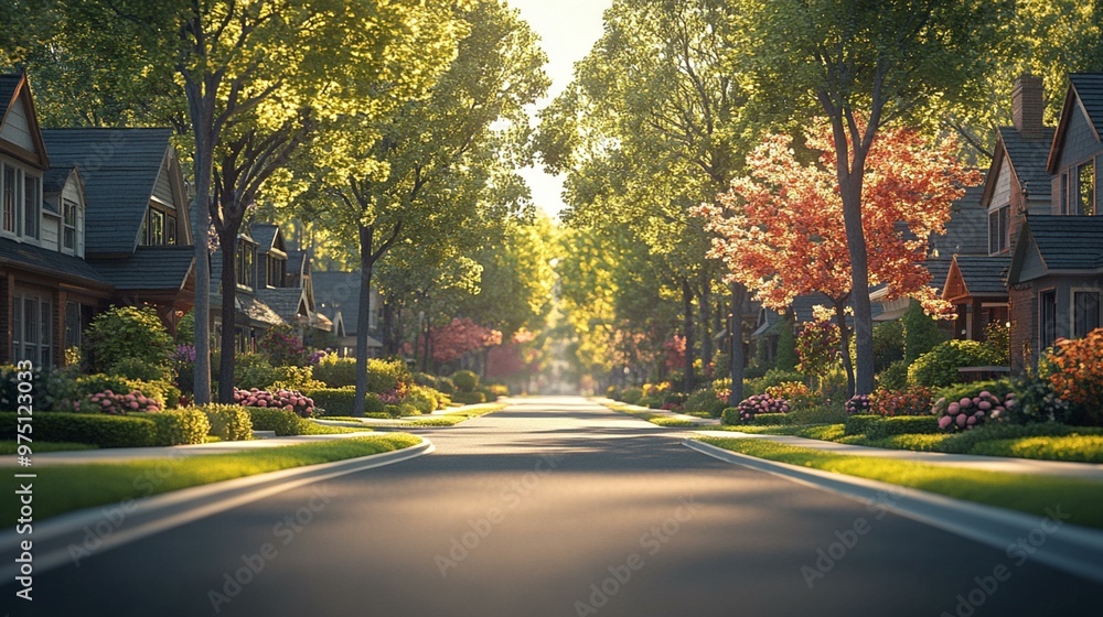 an Charming street of residential houses with a peaceful, suburban vibe, showcasing neighborhood life and architecture. an Charming street of residential houses with a peaceful, suburban vibe, showcasing neighborhood life and architecture.