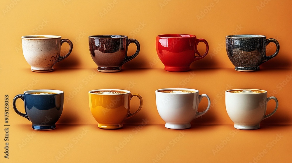 a Artistic collection of coffee cups in various styles and colors, set against a simple background to highlight their designs. a Artistic collection of coffee cups in various styles and colors, set against a simple background to highlight their designs.