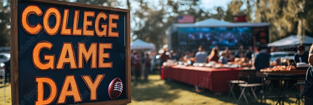College football Saturday - sign that reads “COLLEGE GAME DAY” - tailgating - tailgate - food - spread - team - television - party