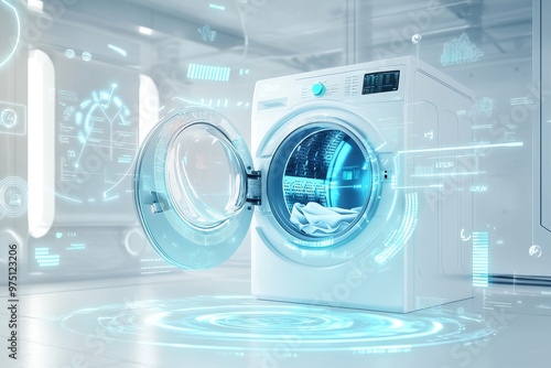 Futuristic open washing machine with holographic visuals in a modern white and blue room photo