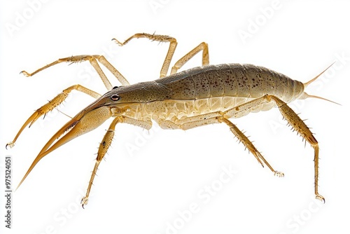 water scorpion stands elegantly on its legs, featuring a slender body and a sharp tail, emphasizing its distinctive form against a bright white background. photo