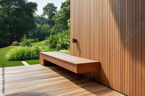 Modern Wooden Surface with Vibrant Green Landscape and Refreshing Outdoor View