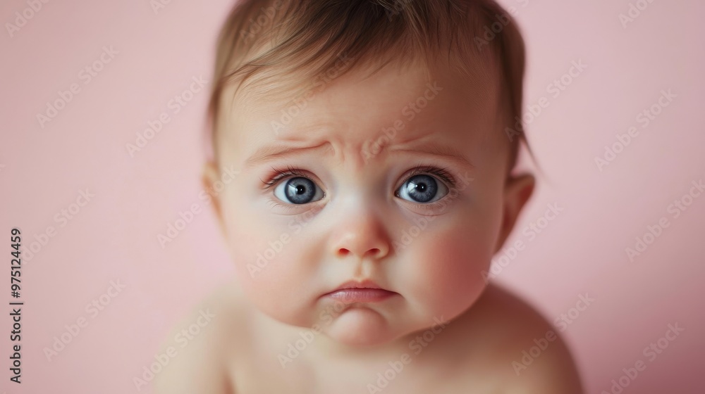 Baby with blue eyes on pink background, emotion concept Baby with blue eyes on pink background, emotion concept