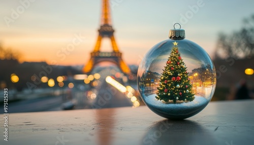 Eiffel tower reflected in a christmas ornament  celebrating new year s eve in paris, france photo