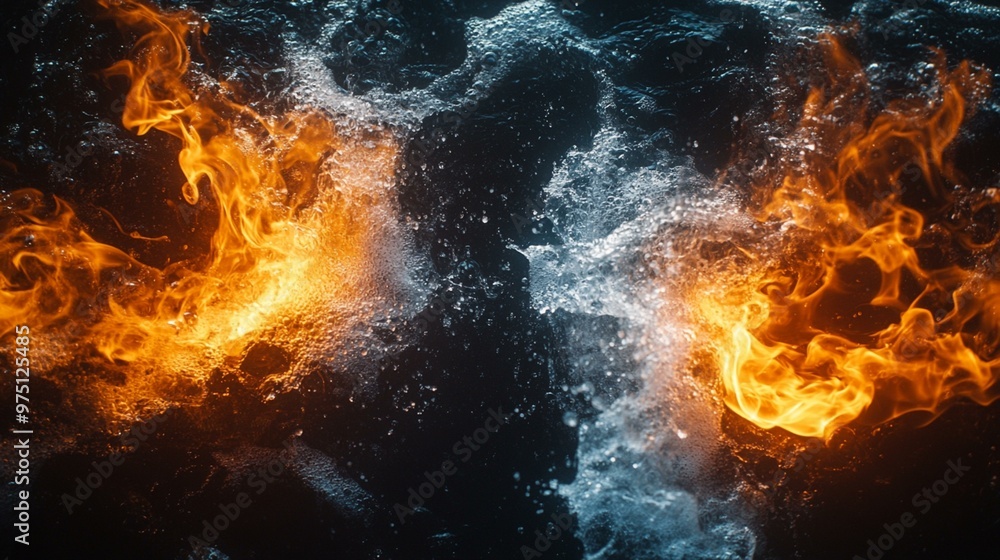 an Contrasting elements of fire and water on a black background, symbolizing opposite energies and dynamic forces. an Contrasting elements of fire and water on a black background, symbolizing opposite energies and dynamic forces.