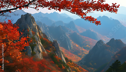 Benxi autumn charm, red leaves dancing in the air, stunning mountain scenery. photo