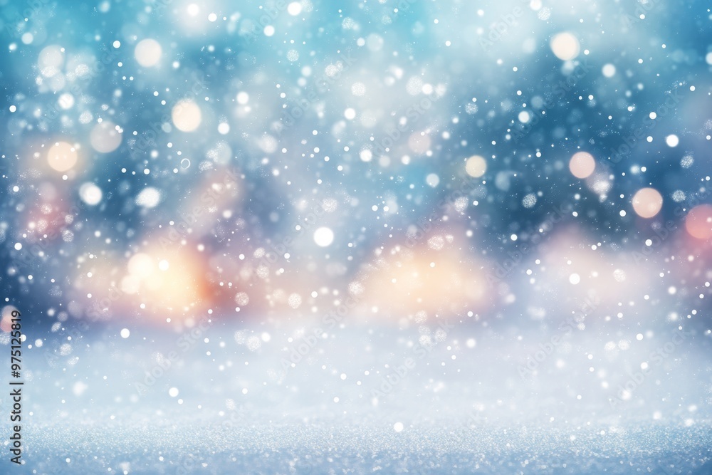 Fototapeta premium Winter wonderland abstract blurred background with snowflakes and bokeh lights in pastel hues