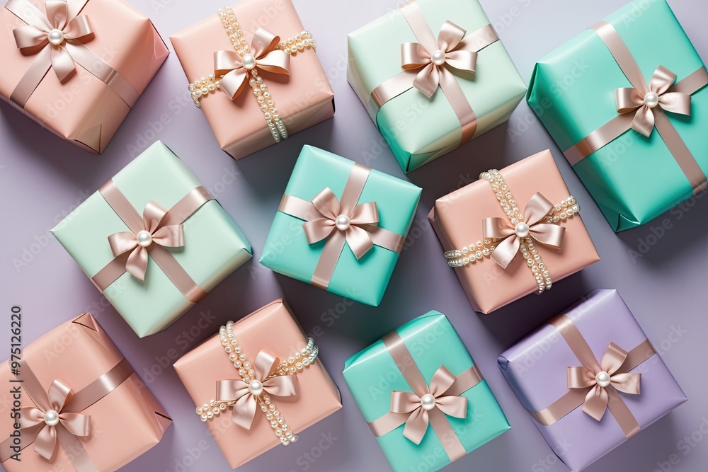 Gift Wrapped Presents in Pastel Peach Mint and Lavender with Pearl and Gold Ribbon Bows Collection Gift Wrapped Presents in Pastel Peach Mint and Lavender with Pearl and Gold Ribbon Bows Collection