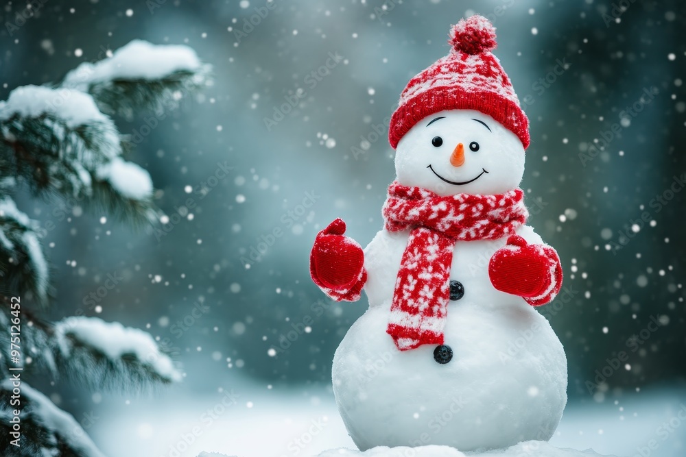Charming snowman smiling amidst snowy landscape with spruce trees for holiday cheer Charming snowman smiling amidst snowy landscape with spruce trees for holiday cheer