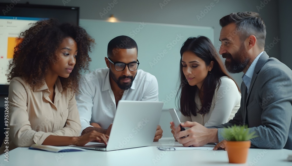 Obraz premium A group of smiling people using the latest electronic devices, symbolizing innovation and modernity. The scene highlights technology in a positive, engaging way.