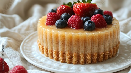  Close-up of a cake on a plate with raspberries and blueberries on top