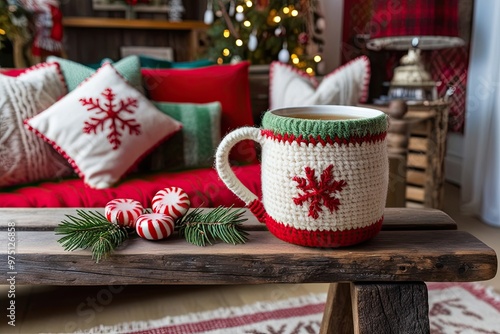 Wallpaper Mural Cozy Winter Retreat Featuring Handmade Mug of Peppermint Tea on Rustic Bench in Whimsical Living Room Torontodigital.ca