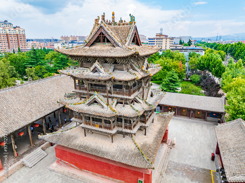 Aerial photography of Feiyun Tower in Wanrong County, Yuncheng City, Shanxi Province in summer photo