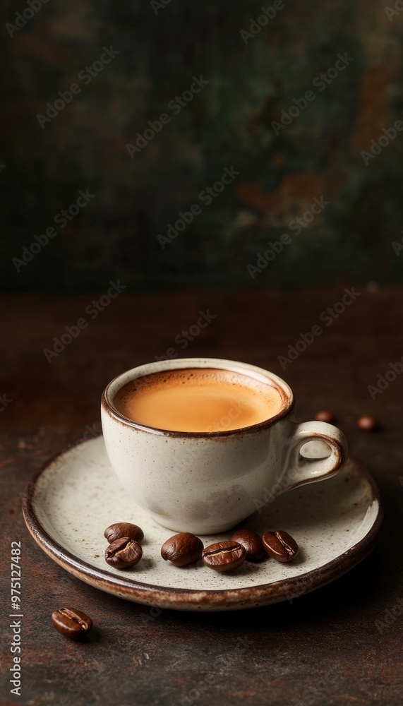 Espresso coffee cup surrounded by coffee beans on a rustic vintage table setting Espresso coffee cup surrounded by coffee beans on a rustic vintage table setting
