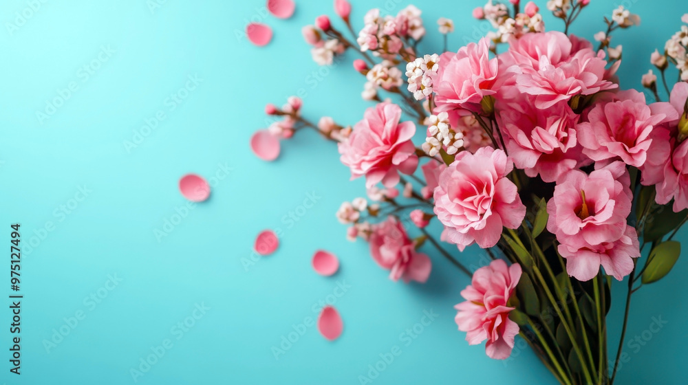 Obraz premium Pink flowers on a light blue background. Thank You Day. Horizontal banner. Free space for text. Happy Valentine's Day. Mother's Day. Woman Day. Teacher's Day