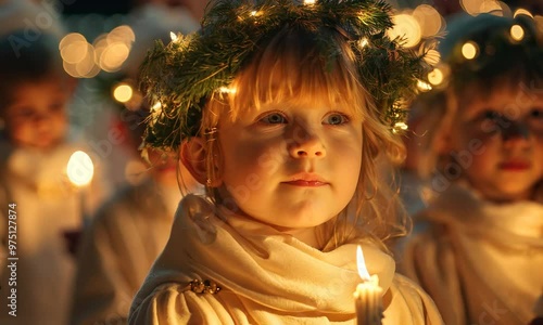 Lucia's Day celebration with children holding candles in a festive evening gathering