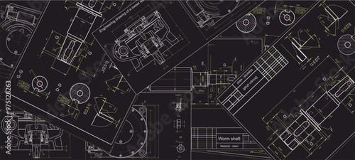 Vector engineering drawing of steel mechanical parts with 
through holes.
Industrial cad scheme on white paper sheets. Technology background.
Computer technic design.