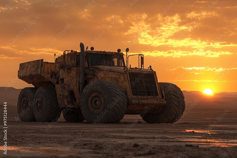 Stunning 3d render of vehicle construction against a beautiful sunset background Stunning 3d render of vehicle construction against a beautiful sunset background