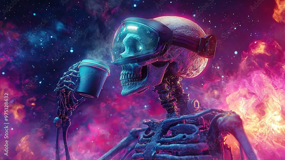 A digital painting of a space-suited skeleton with a coffee cup against a vibrant backdrop A digital painting of a space-suited skeleton with a coffee cup against a vibrant backdrop