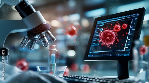 Microscope and Computer Screen Showing Coronavirus Research