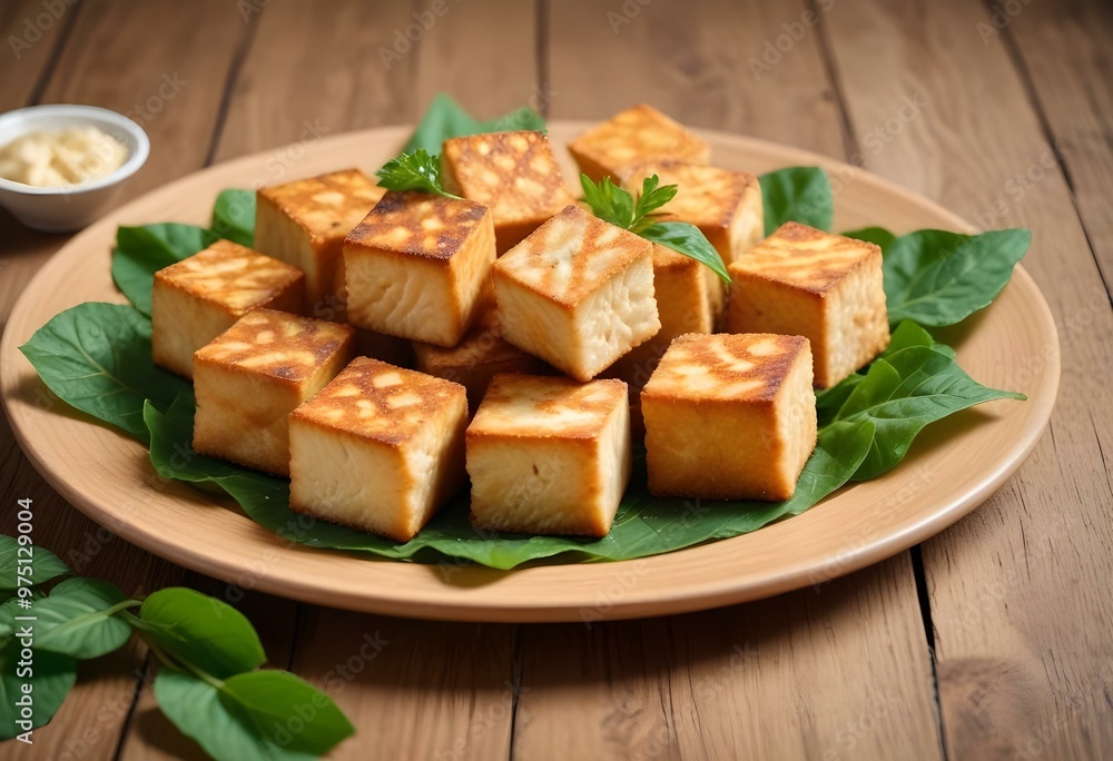 Fried tofu cubes on a plate with green leafy garnish, served on a wooden table Fried tofu cubes on a plate with green leafy garnish, served on a wooden table