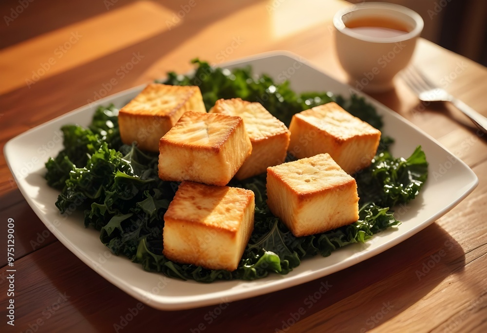 Fried tofu cubes on a plate with green leafy garnish, served on a wooden table Fried tofu cubes on a plate with green leafy garnish, served on a wooden table