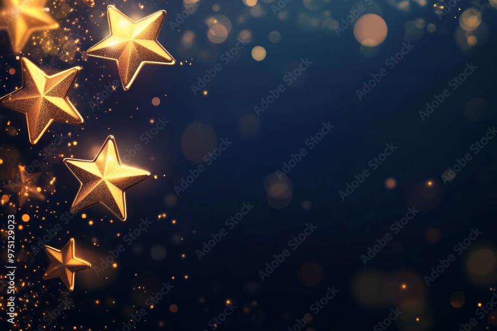 Elegant festive background with golden stars and bokeh lights for holiday designs and celebrations Elegant festive background with golden stars and bokeh lights for holiday designs and celebrations