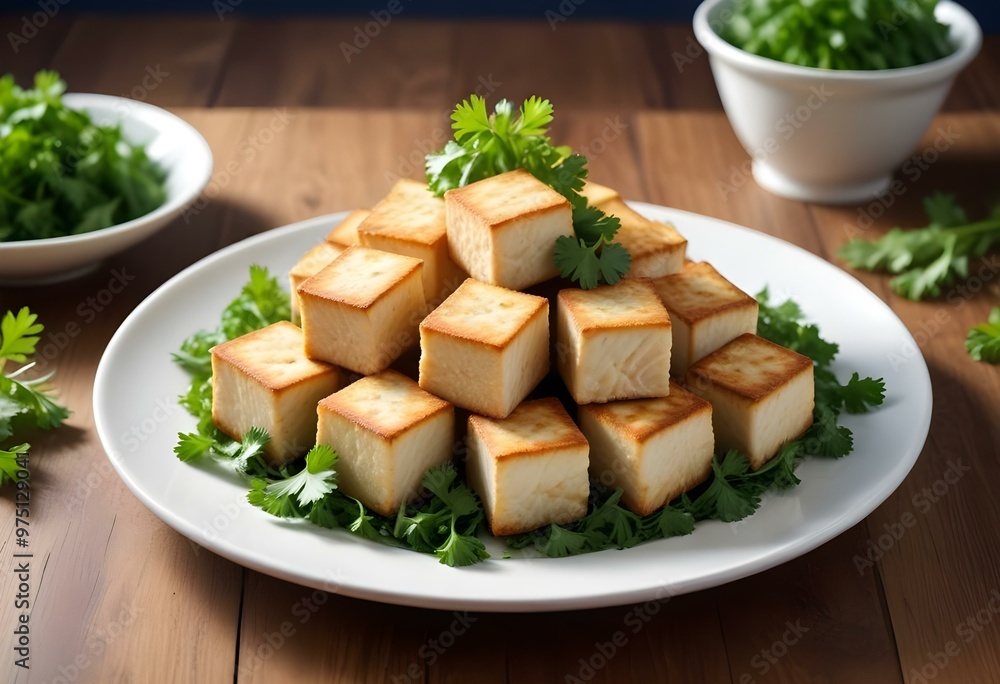 Fried tofu cubes on a plate with green leafy garnish, served on a wooden table Fried tofu cubes on a plate with green leafy garnish, served on a wooden table