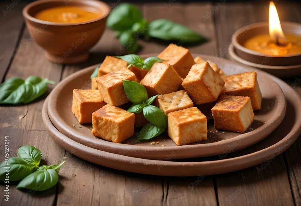 Fried tofu cubes on a plate with green leafy garnish, served on a wooden table Fried tofu cubes on a plate with green leafy garnish, served on a wooden table