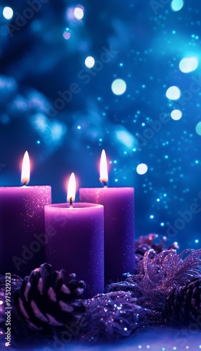 Festive christmas scene featuring four purple candles, garland, twinkling lights, and bokeh effect photo