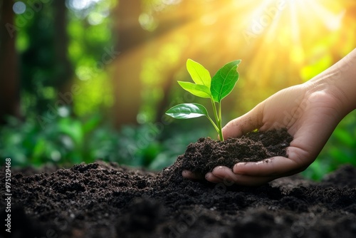 Hand cradling soil with young plant, bathed in sunlight against a lush forest backdrop