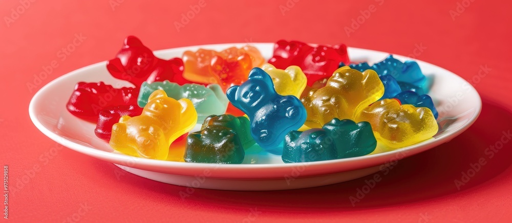 Many Multi Colored Jelly Bears In A Plate On A Red Background Close Up Many Multi Colored Jelly Bears In A Plate On A Red Background Close Up