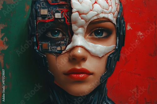 Synaptic design brain augmentation neural interface AI pathways and brain augmentation female with half face cybernetic mask and exposed brain symbolizing hybrid neural cognition photo