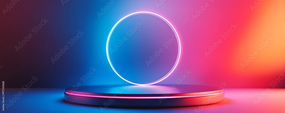 Neon circle on a futuristic platform with vibrant colors. Modern design and technology concept Neon circle on a futuristic platform with vibrant colors. Modern design and technology concept