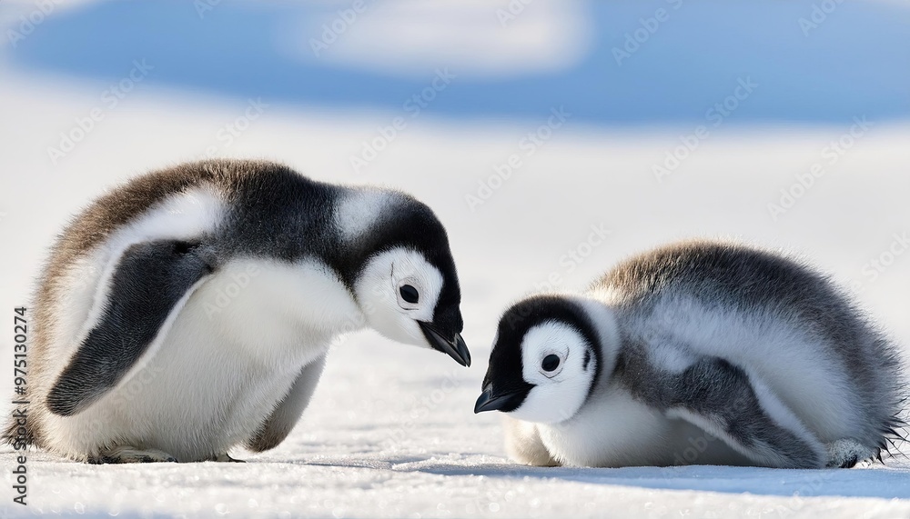 Naklejka premium Two penguin chicks on the ice