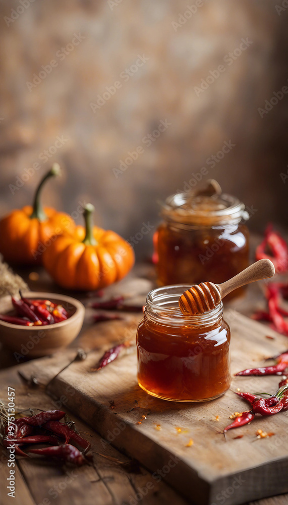 A rustic autumnal scene with two open jars of honey, a wooden honey dipper, miniature pumpkins, and red chili peppers on a wooden surface.
A rustic autumnal scene with two open jars of honey, a wooden honey dipper, miniature pumpkins, and red chili peppers on a wooden surface.
