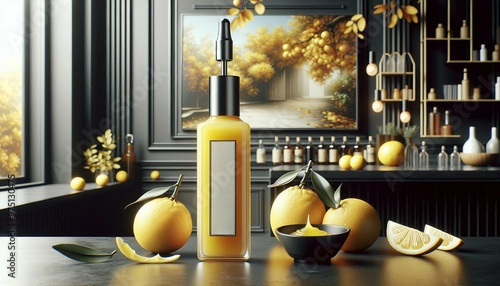 A bottle of yuzu sauce on a dark countertop with whole and sliced lemons, against a backdrop of a kitchen window showing an autumnal scene. photo