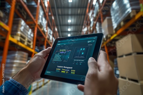 Warehouse worker using digital tablet for wash inventory management system with data chart display photo