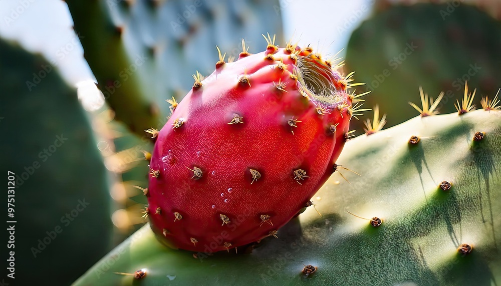 A ripe prickly pear on a cactus. A ripe prickly pear on a cactus.