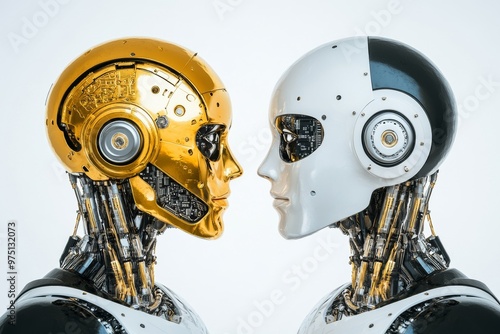 Brain machine brain interface nanoelectronics neuralink and bionic limbs face to face humanoid robots with gold and white cybernetic designs photo