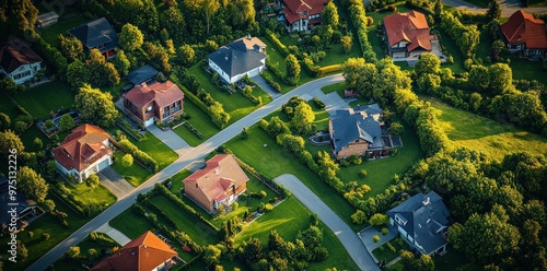 Aerial View of a Suburban Neighborhood with Houses and Green Lawns