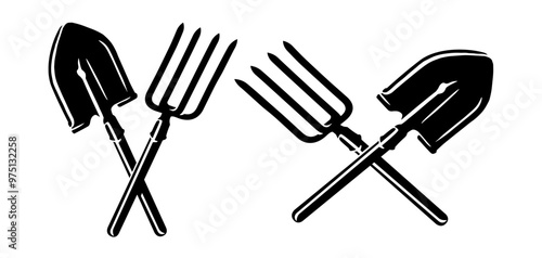 Crossed farm shovel and pitchfork. Farming tools, agriculture symbol sign. Vector illustration