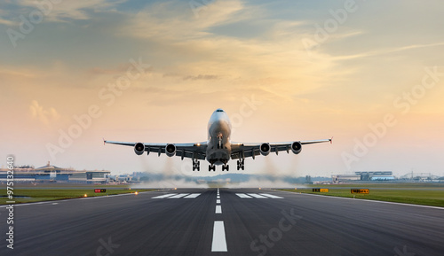 The moment a large passenger plane takes off from the runway. photo