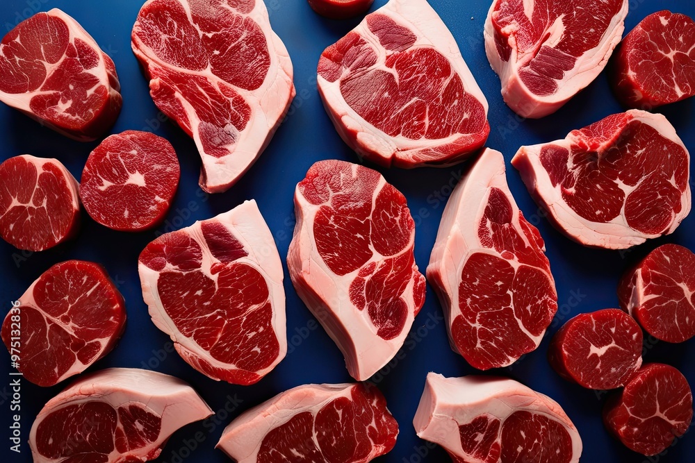 Elevated Perspective Collection of Individual Raw Steaks Elevated Perspective Collection of Individual Raw Steaks