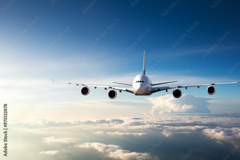 Naklejka premium A large passenger plane flying above the clouds.
