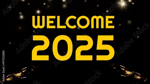 Welcome 2025. Number 2025 on a dark night background with a flashlight. Welcome 2025 with glitter gold text color.	